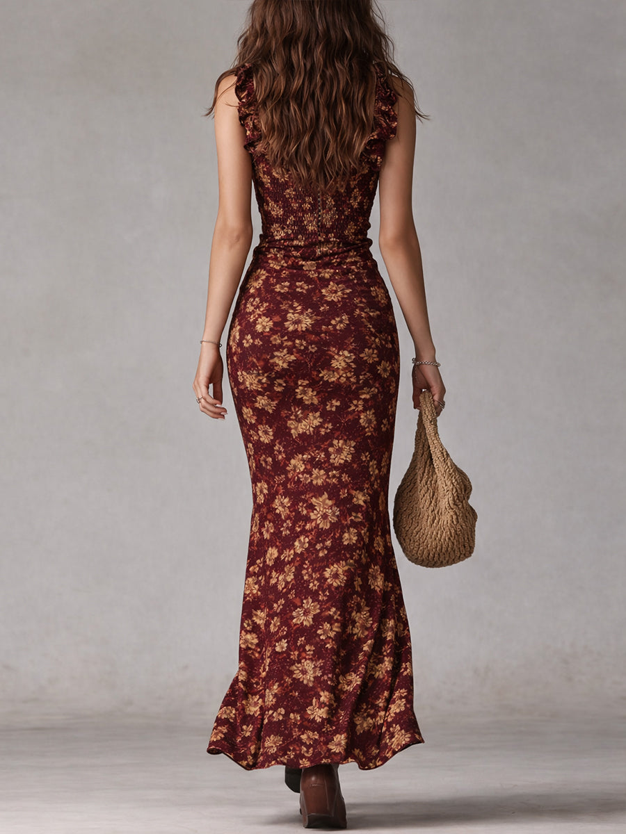 Abito Maxy Boho con Stampa Floreale per Donne – Elegante Abito con Rouches e Spacco