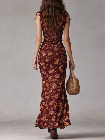 Abito Maxy Boho con Stampa Floreale per Donne – Elegante Abito con Rouches e Spacco