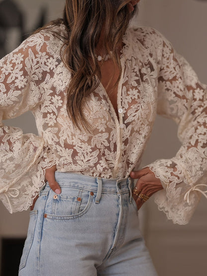 Elegante blusa in pizzo con ricamo per donne – Blusa trasparente a maniche lunghe in stile Boho