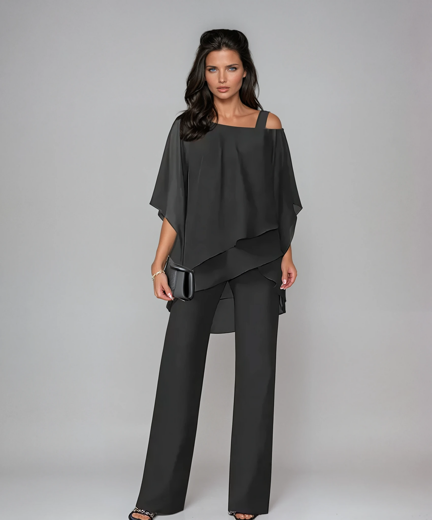 Elegante set di due pezzi con top in chiffon e pantaloni a gamba larga – Outfit casual per donne