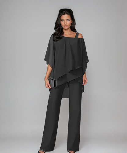 Elegante set di due pezzi con top in chiffon e pantaloni a gamba larga – Outfit casual per donne