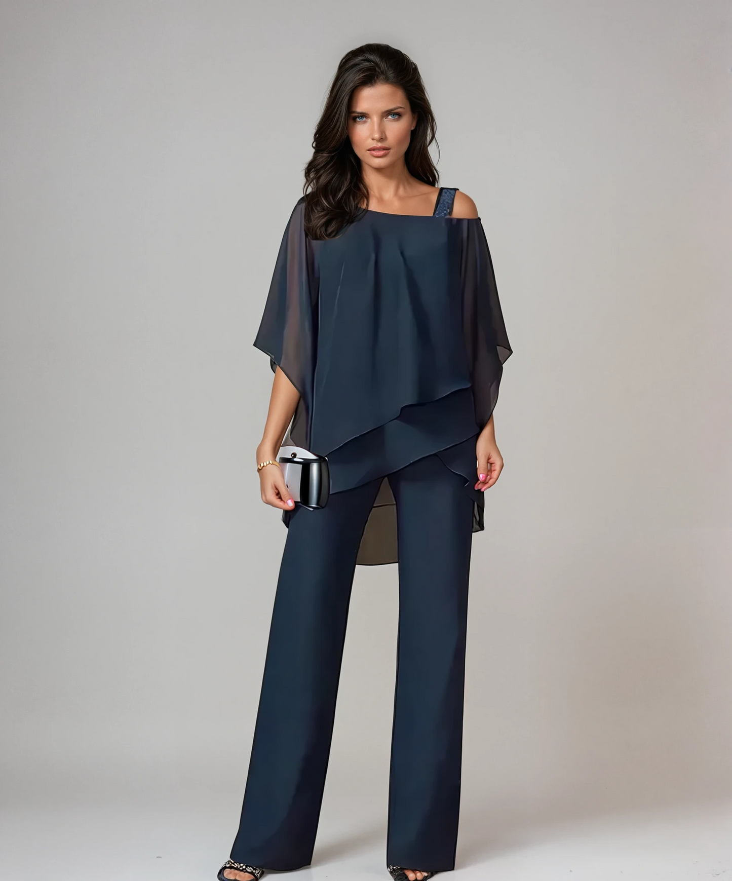 Elegante set di due pezzi con top in chiffon e pantaloni a gamba larga – Outfit casual per donne