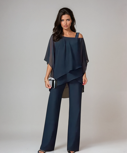Elegante set di due pezzi con top in chiffon e pantaloni a gamba larga – Outfit casual per donne