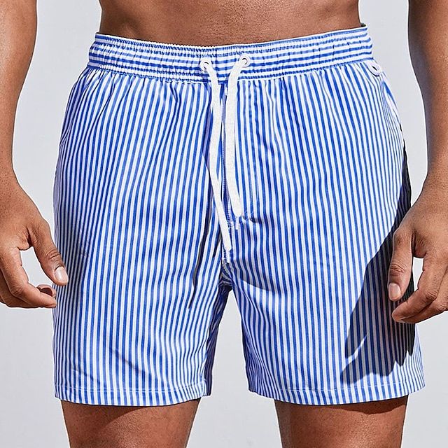 Costume da bagno da uomo con strisce – Pantaloni da bagno a asciugatura rapida con cordoncino e stile estivo