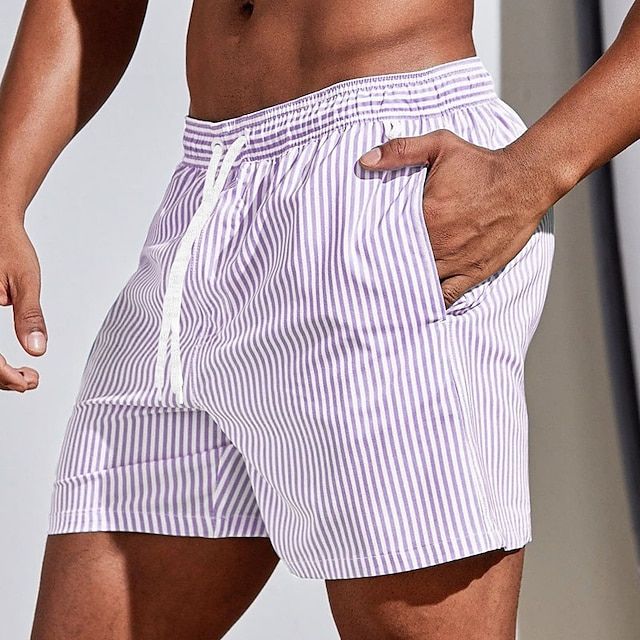 Costume da bagno da uomo con strisce – Pantaloni da bagno a asciugatura rapida con cordoncino e stile estivo