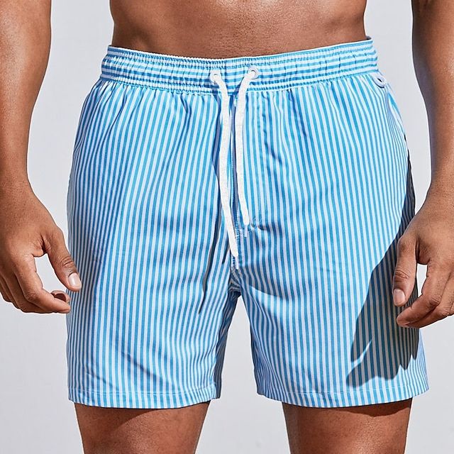 Costume da bagno da uomo con strisce – Pantaloni da bagno a asciugatura rapida con cordoncino e stile estivo
