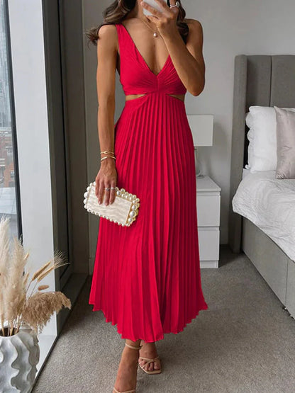 Elegante Vestito Midi per Donne con Gonna Plissettata e Scollatura in Vita – Look Estivo Femminile