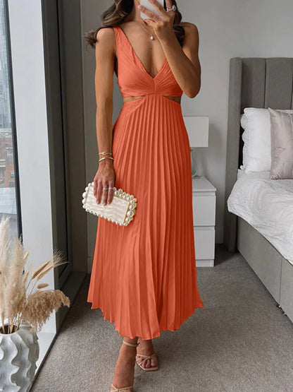 Elegante Vestito Midi per Donne con Gonna Plissettata e Scollatura in Vita – Look Estivo Femminile