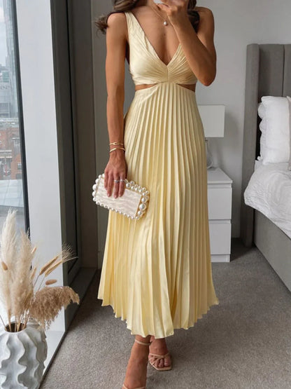 Elegante Vestito Midi per Donne con Gonna Plissettata e Scollatura in Vita – Look Estivo Femminile