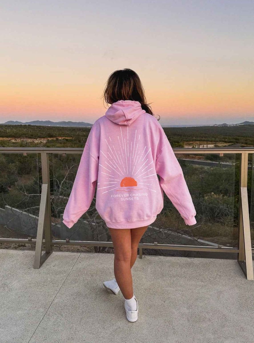 Hoodie Oversize con Stampa Sul Retro – Felpa con Cappuccio dallo Stile Casual al Tramonto per Donne