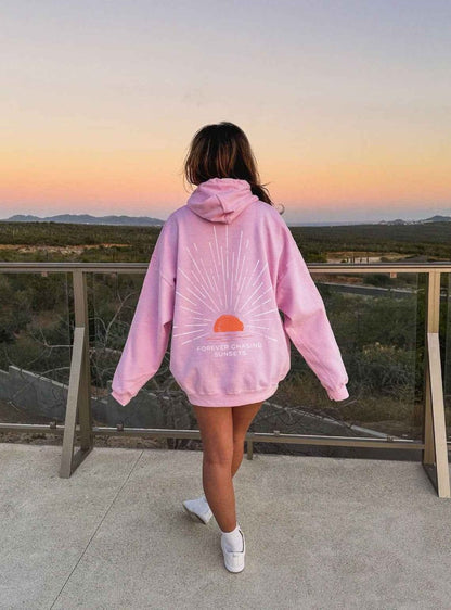 Hoodie Oversize con Stampa Sul Retro – Felpa con Cappuccio dallo Stile Casual al Tramonto per Donne
