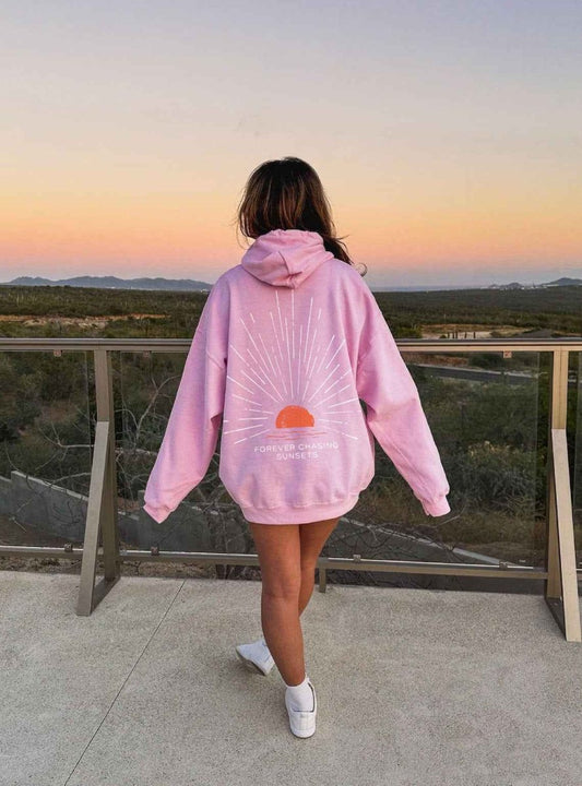 Hoodie Oversize con Stampa Sul Retro – Felpa con Cappuccio dallo Stile Casual al Tramonto per Donne
