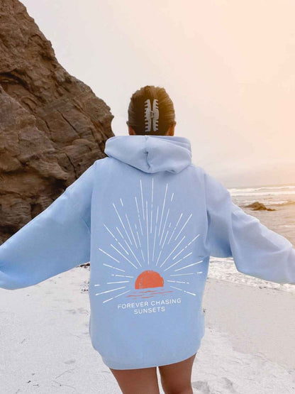 Hoodie Oversize con Stampa Sul Retro – Felpa con Cappuccio dallo Stile Casual al Tramonto per Donne