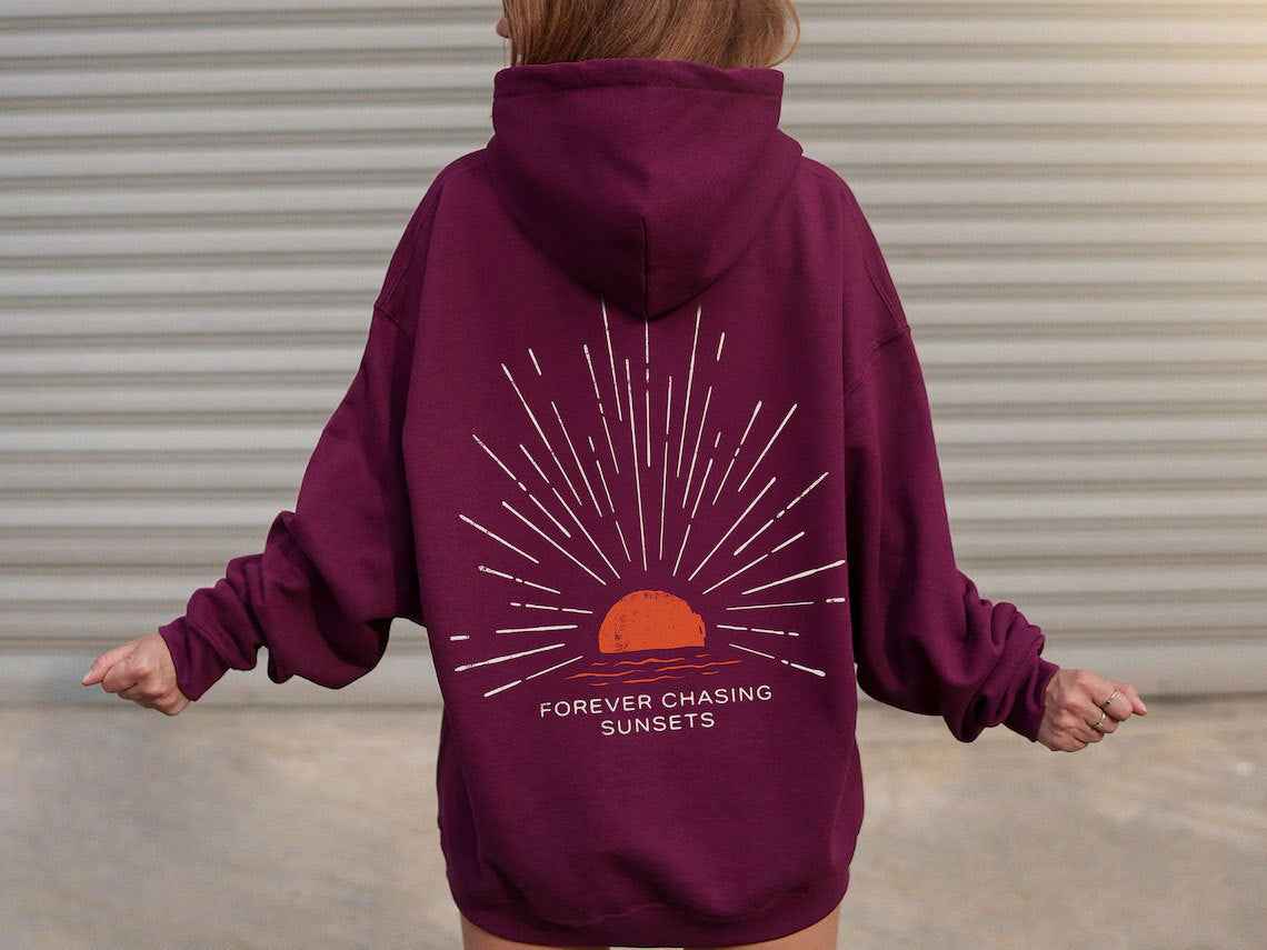 Hoodie Oversize con Stampa Sul Retro – Felpa con Cappuccio dallo Stile Casual al Tramonto per Donne