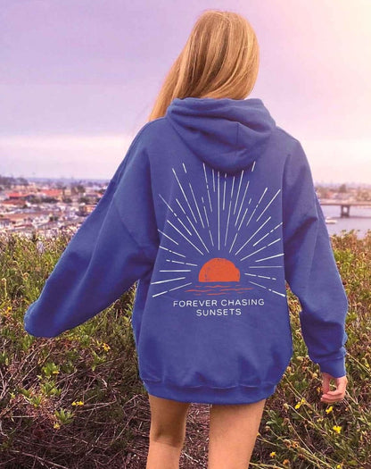 Hoodie Oversize con Stampa Sul Retro – Felpa con Cappuccio dallo Stile Casual al Tramonto per Donne