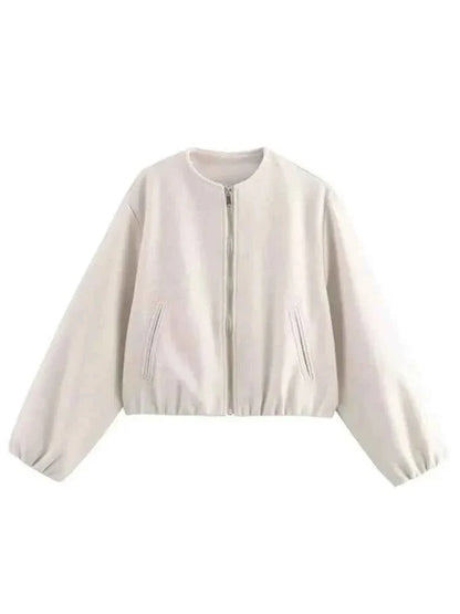 Giacca bomber corta oversize con maniche a palloncino – Giacca moderna da donna per la transizione