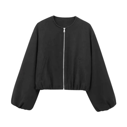 Giacca bomber corta oversize con maniche a palloncino – Giacca moderna da donna per la transizione