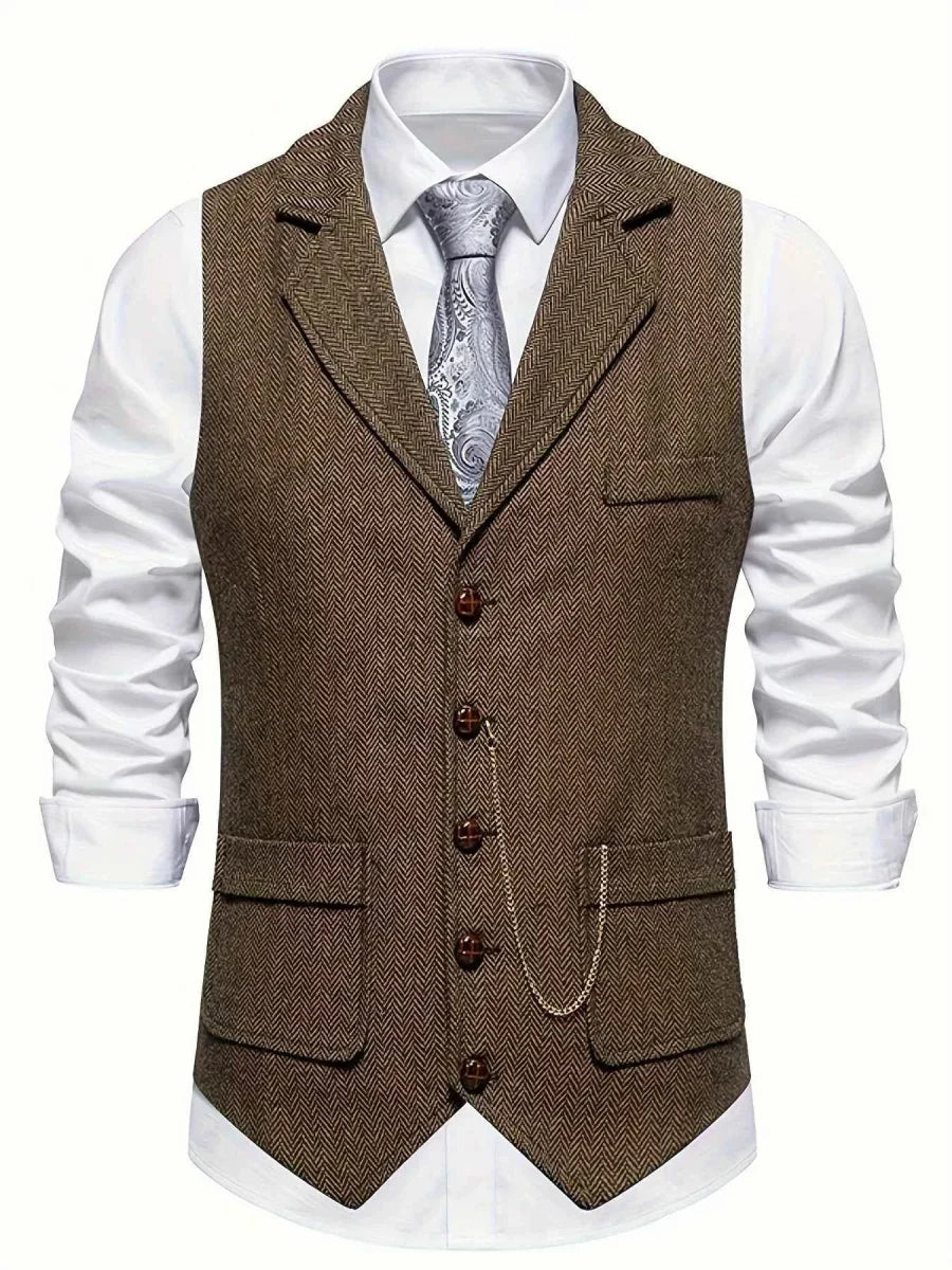 Gilet Vintage a Spina di Pesce con Rever – Elegante Gilet da Uomo