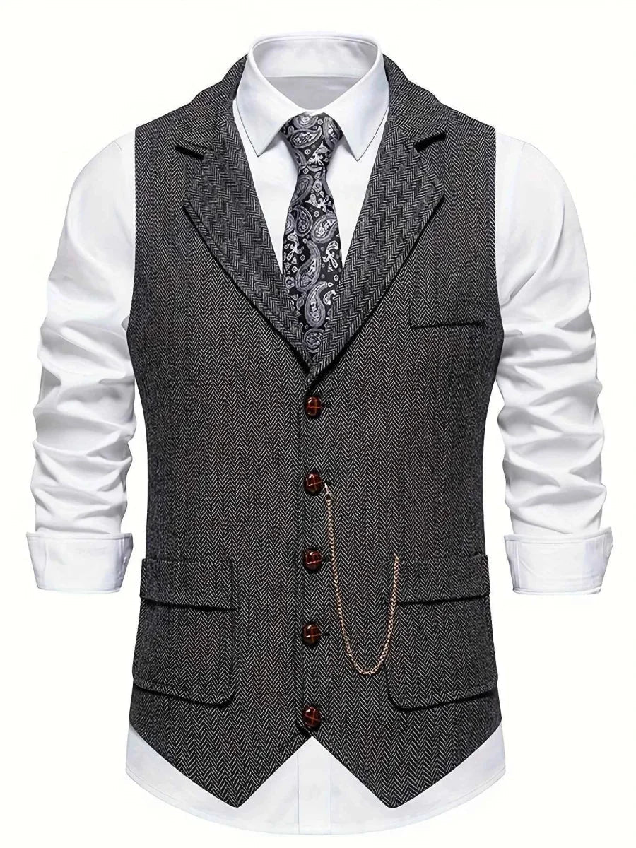 Gilet Vintage a Spina di Pesce con Rever – Elegante Gilet da Uomo