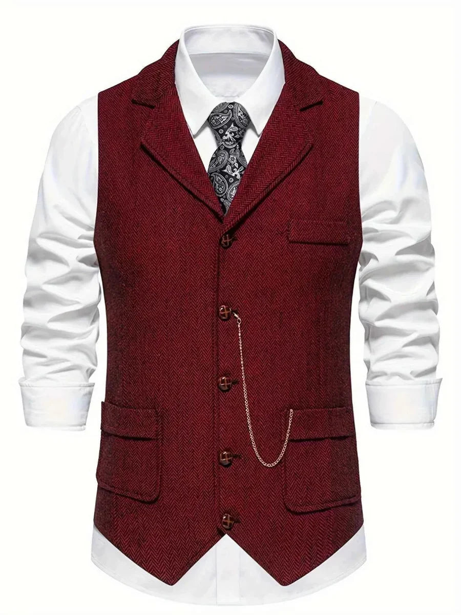 Gilet Vintage a Spina di Pesce con Rever – Elegante Gilet da Uomo