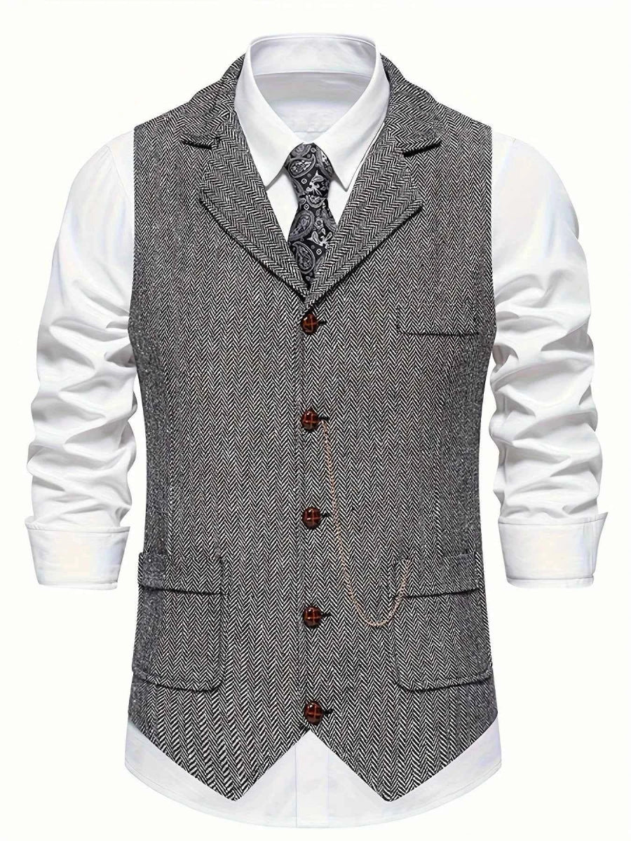 Gilet Vintage a Spina di Pesce con Rever – Elegante Gilet da Uomo