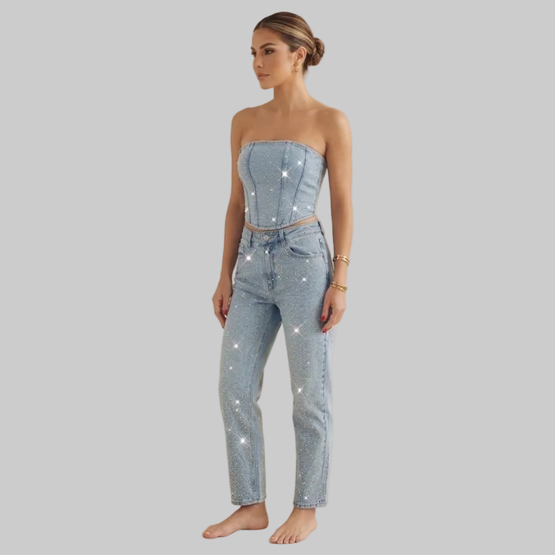 Set di Denim scintillante a due pezzi con corsetto in strass e jeans per donne – Look da festa alla moda e aderente