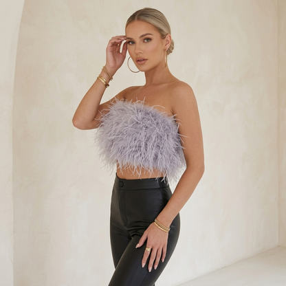 Elegante Top Bandeau con Piume per Donne – Crop Top Senza Spalline e Look D'impatto