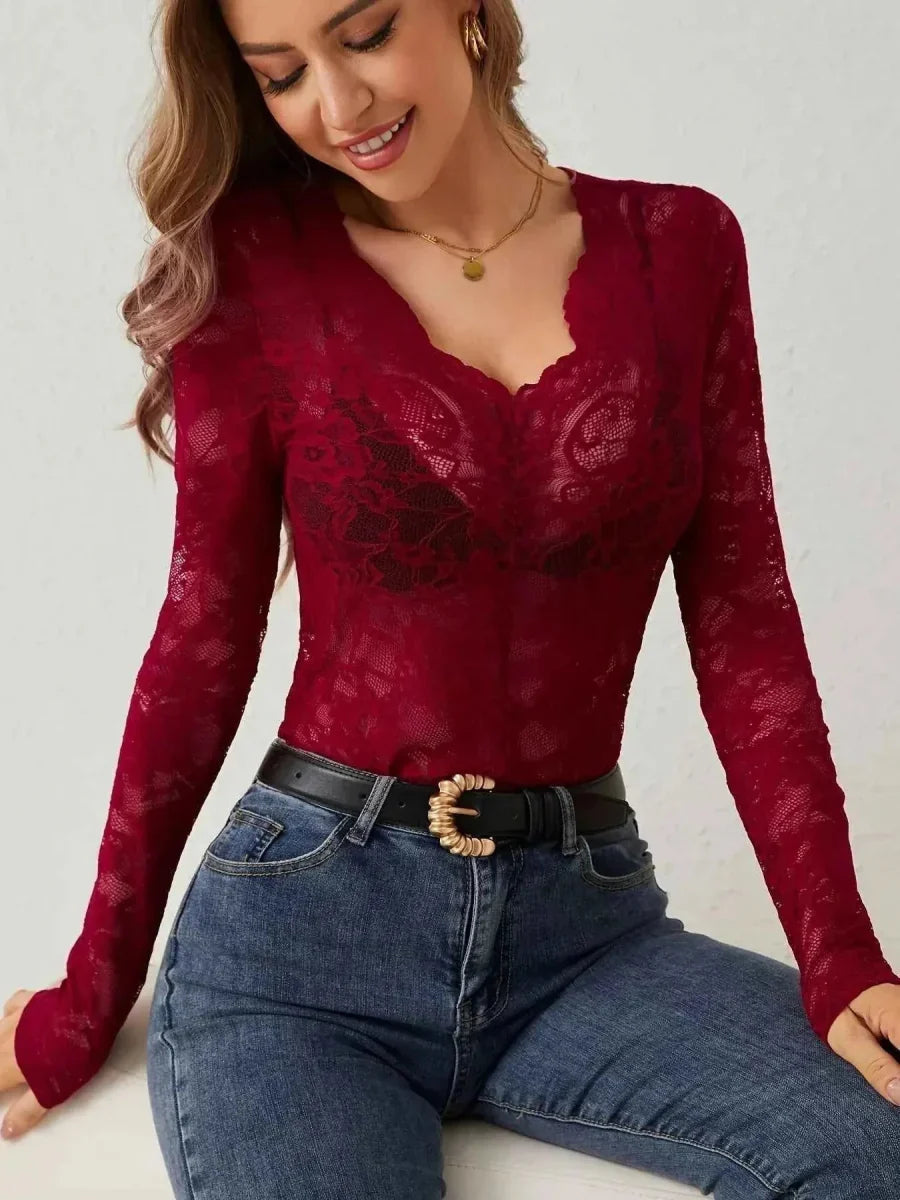 Elegante maglietta a maniche lunghe in pizzo con scollatura a V per donne – Sottile & Seducente