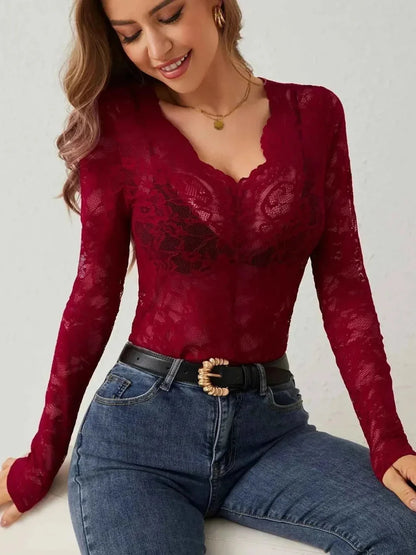 Elegante maglietta a maniche lunghe in pizzo con scollatura a V per donne – Sottile & Seducente