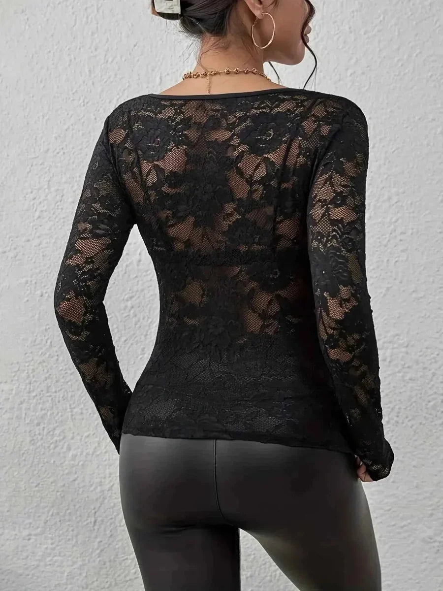 Elegante maglietta a maniche lunghe in pizzo con scollatura a V per donne – Sottile & Seducente