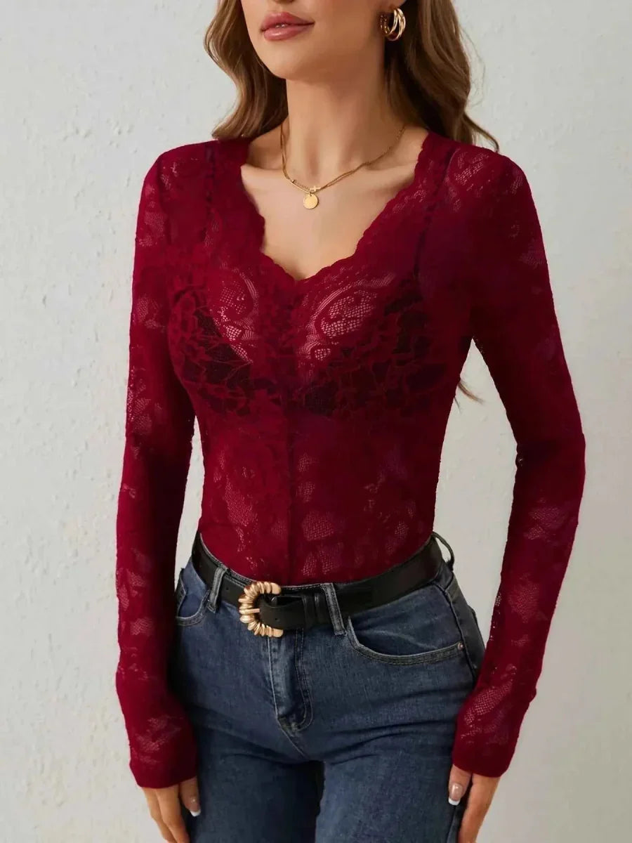 Elegante maglietta a maniche lunghe in pizzo con scollatura a V per donne – Sottile & Seducente