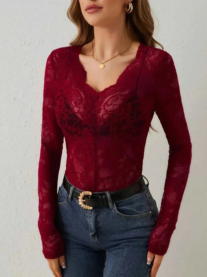 Elegante maglietta a maniche lunghe in pizzo con scollatura a V per donne – Sottile & Seducente