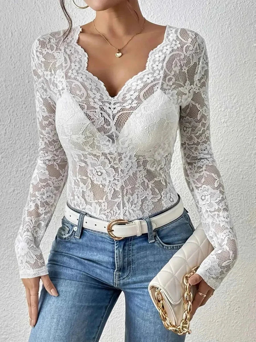 Elegante maglietta a maniche lunghe in pizzo con scollatura a V per donne – Sottile & Seducente