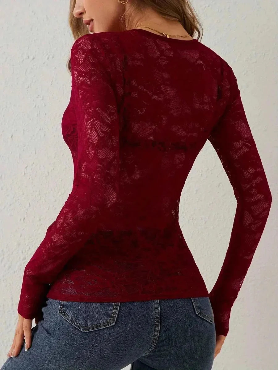 Elegante maglietta a maniche lunghe in pizzo con scollatura a V per donne – Sottile & Seducente