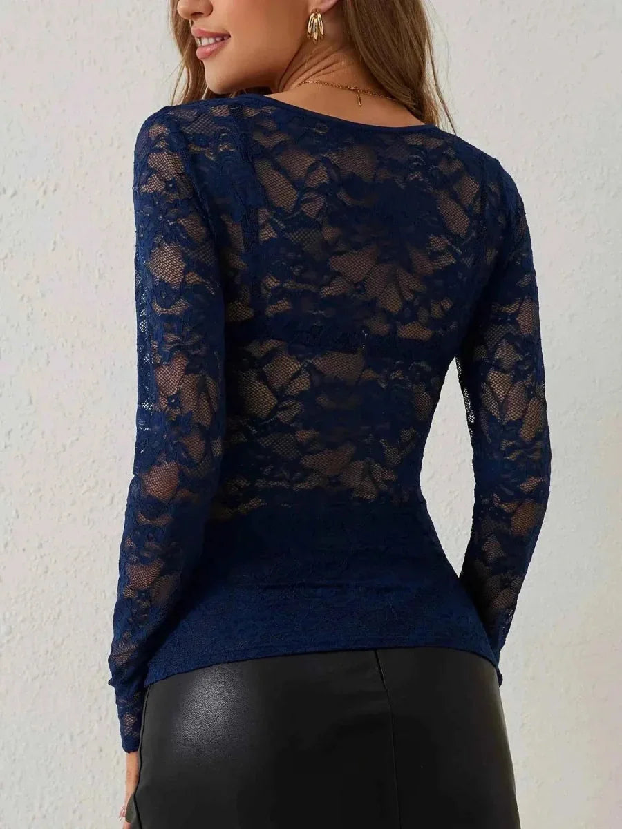 Elegante maglietta a maniche lunghe in pizzo con scollatura a V per donne – Sottile & Seducente