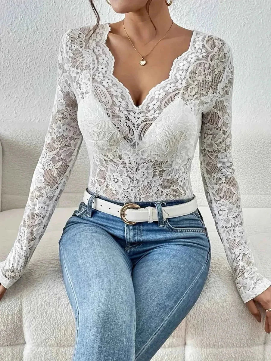 Elegante maglietta a maniche lunghe in pizzo con scollatura a V per donne – Sottile & Seducente