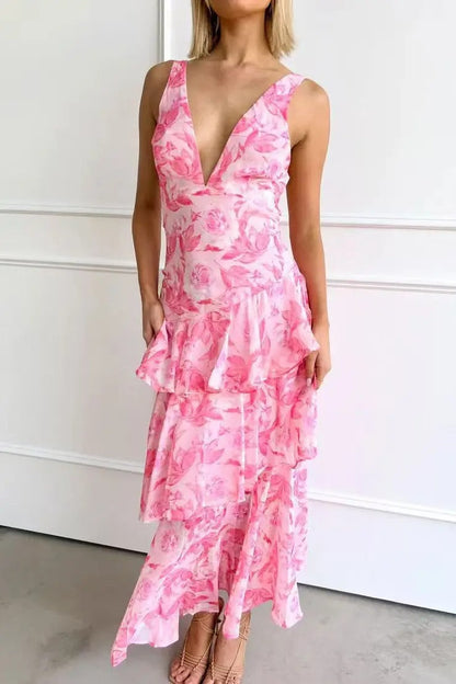 Abito Maxi Fluttuante con Volant e Profondo Scollatura a V per Donne – Elegante Abito Estivo con Dettaglio sulla Schiena