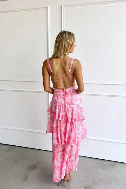 Abito Maxi Fluttuante con Volant e Profondo Scollatura a V per Donne – Elegante Abito Estivo con Dettaglio sulla Schiena