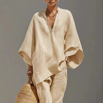 Set due pezzi casual con tunica oversize per donne – Outfit estivo leggero in stile lino