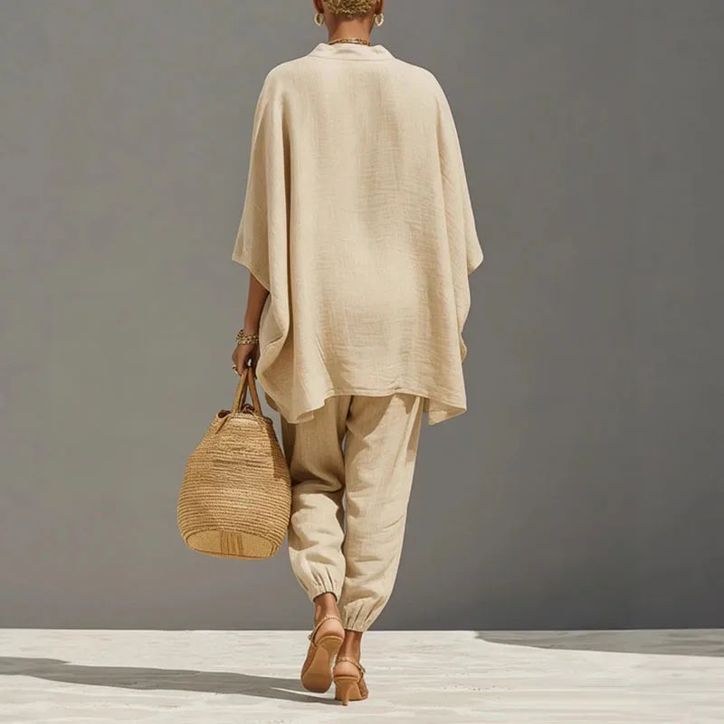Set due pezzi casual con tunica oversize per donne – Outfit estivo leggero in stile lino