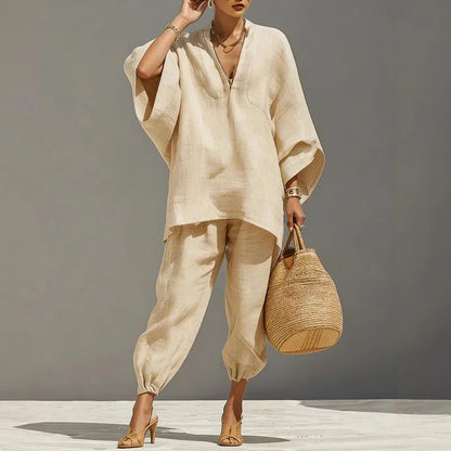 Set due pezzi casual con tunica oversize per donne – Outfit leggero in stile lino