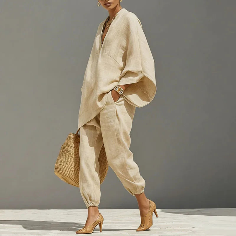 Set due pezzi casual con tunica oversize per donne – Outfit estivo leggero in stile lino