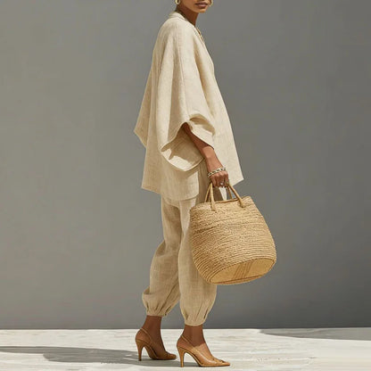 Set due pezzi casual con tunica oversize per donne – Outfit leggero in stile lino