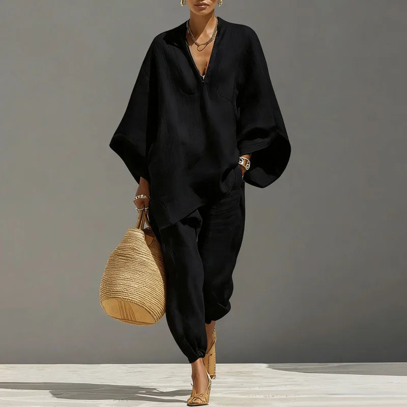 Set due pezzi casual con tunica oversize per donne – Outfit estivo leggero in stile lino