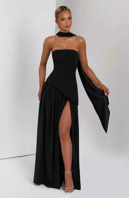 Elegante Maxikleid für Damen – Schulterfreies Abendkleid mit Schlitz & Choker-Detail