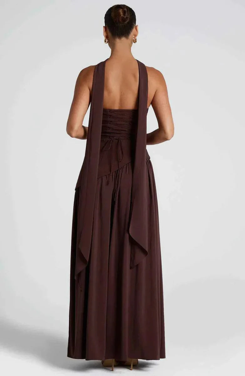 Elegante Maxikleid für Damen – Schulterfreies Abendkleid mit Schlitz & Choker-Detail