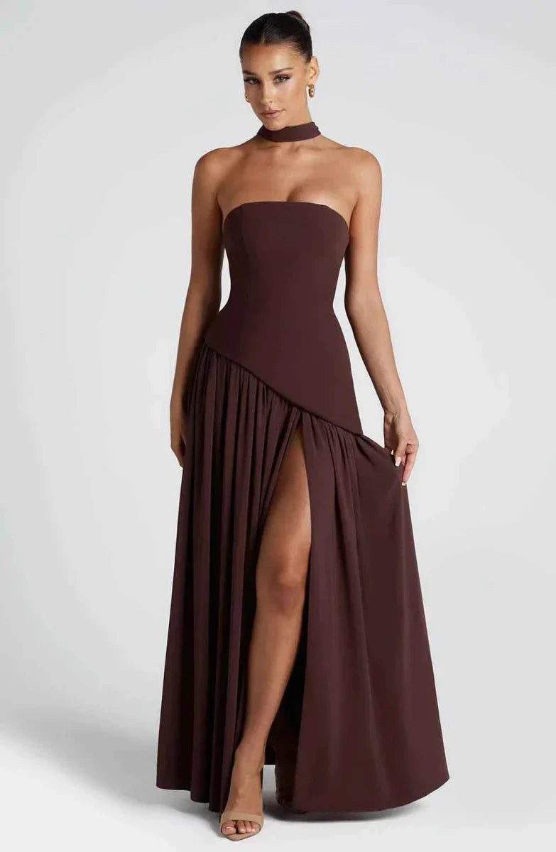 Elegante Maxikleid für Damen – Schulterfreies Abendkleid mit Schlitz & Choker-Detail