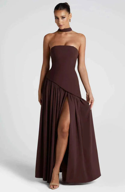 Elegante Maxikleid für Damen – Schulterfreies Abendkleid mit Schlitz & Choker-Detail