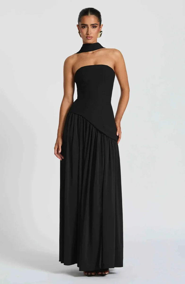 Elegante Maxikleid für Damen – Schulterfreies Abendkleid mit Schlitz & Choker-Detail