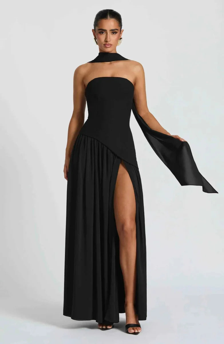 Elegante Maxikleid für Damen – Schulterfreies Abendkleid mit Schlitz & Choker-Detail